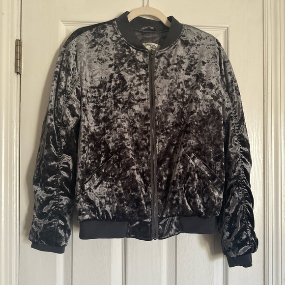 Thick Crushed Charcoal Velvet Bomber Jacket Women’s Sz M Like-New Condition - Picture 6 of 10
